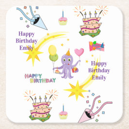 Posavasos Cuadrado De Papel Papel Coasters Cumpleaños Feliz Pulpo Cupcake 