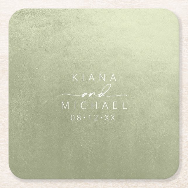 Posavasos Cuadrado De Papel Papel cuadrado verde salvia para boda acuarela ID7 (Anverso)
