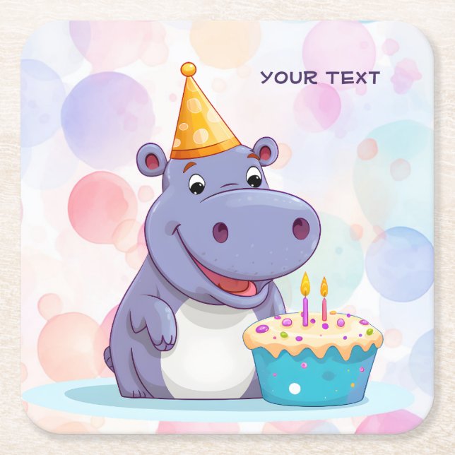 Posavasos Cuadrado De Papel Papel de Hippo de cumpleaños (Anverso)