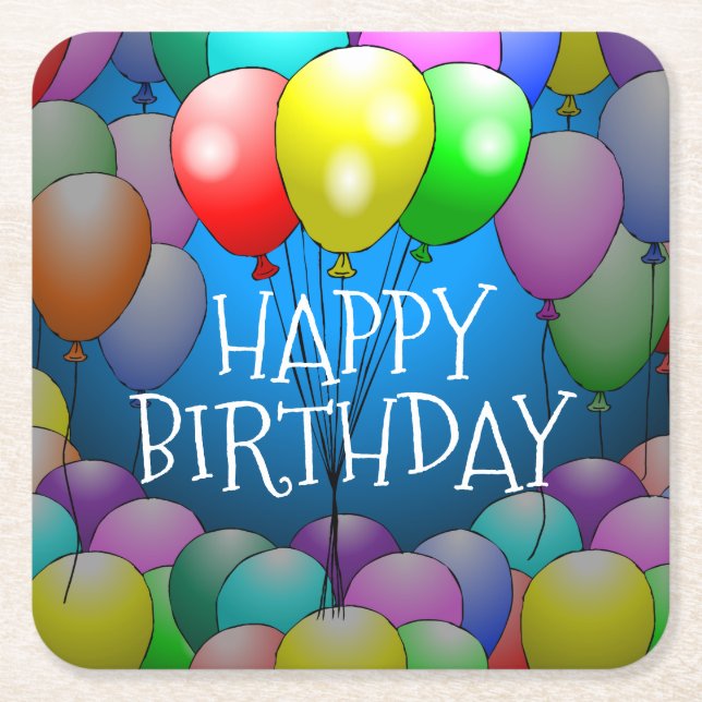Posavasos Cuadrado De Papel Papel de los globos de cumpleaños feliz (Anverso)