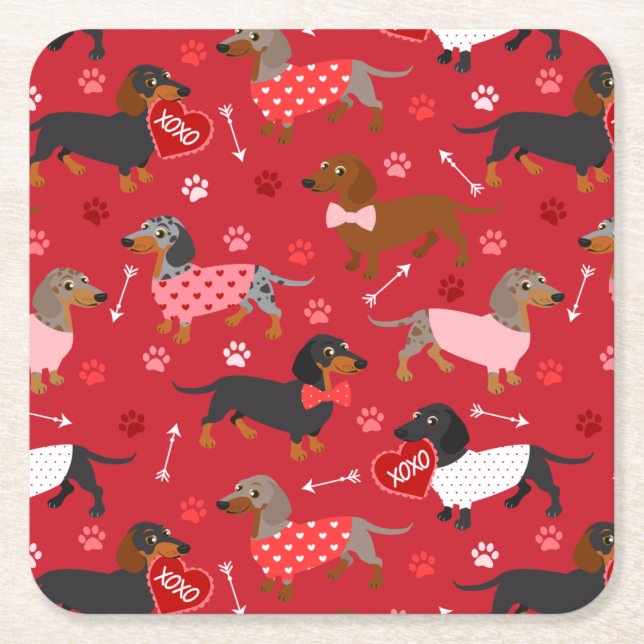 Posavasos Cuadrado De Papel Papel de Valentine Dachshund Square (Anverso)