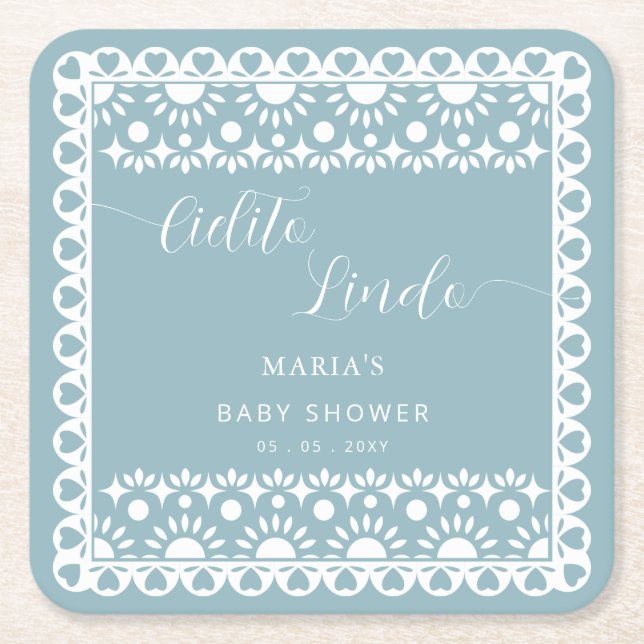 Posavasos Cuadrado De Papel Papel mexicano Picado Cielito Lindo Baby Shower (Anverso)