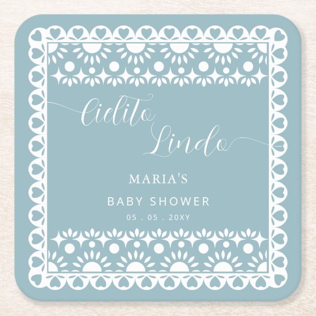Posavasos Cuadrado De Papel Papel mexicano Picado Cielito Lindo Baby Shower (Anverso)