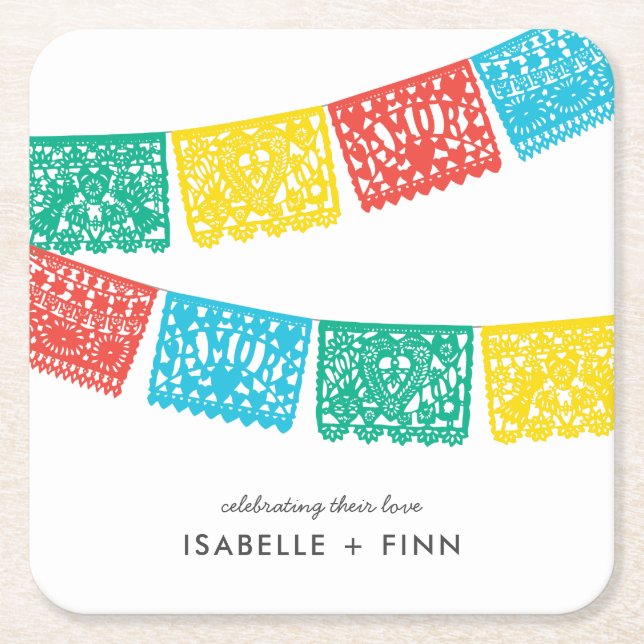 Posavasos Cuadrado De Papel Papel picado moderno | Boda Bridal Shower (Anverso)