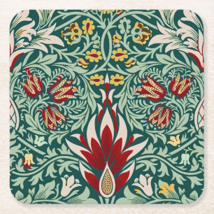 Posavasos Cuadrado De Papel Papel pintado floral verde bosque de William Morri
