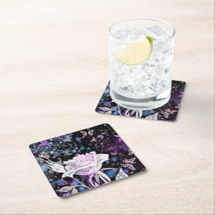 Posavasos Cuadrado De Papel Papel Rosa de invierno y mariposas