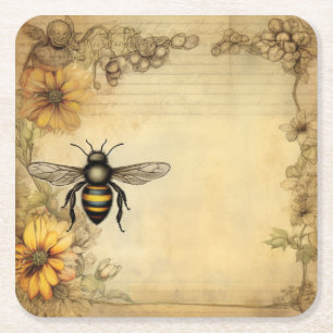 Posavasos Cuadrado De Papel Papelera antigua de abejas y flores silvestres