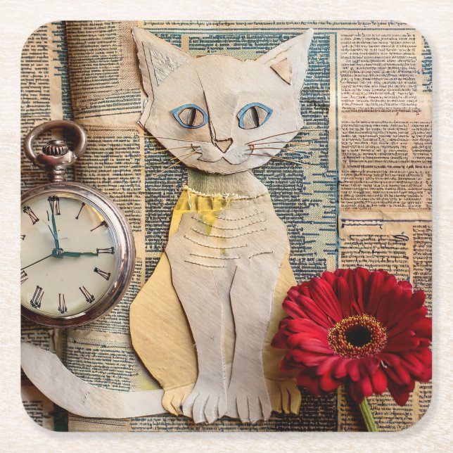 Posavasos Cuadrado De Papel Paper Cat Coaster (Anverso)