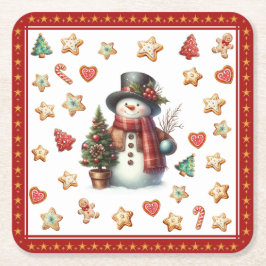 Posavasos Cuadrado De Papel Paper Coaster Snowman and Christmas Cookies Red