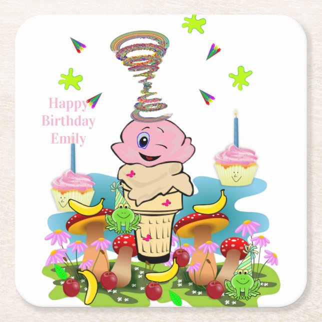Posavasos Cuadrado De Papel Paper Coasters Happy Birthday Pink Cupcake  (Anverso)