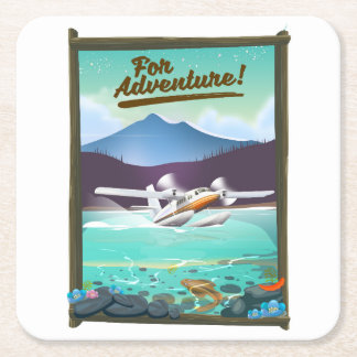 Posavasos Cuadrado De Papel ¡Para la aventura! Póster de viaje en hidroavión