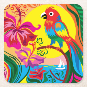 Posavasos Cuadrado De Papel Paraíso de Loros Tropicales