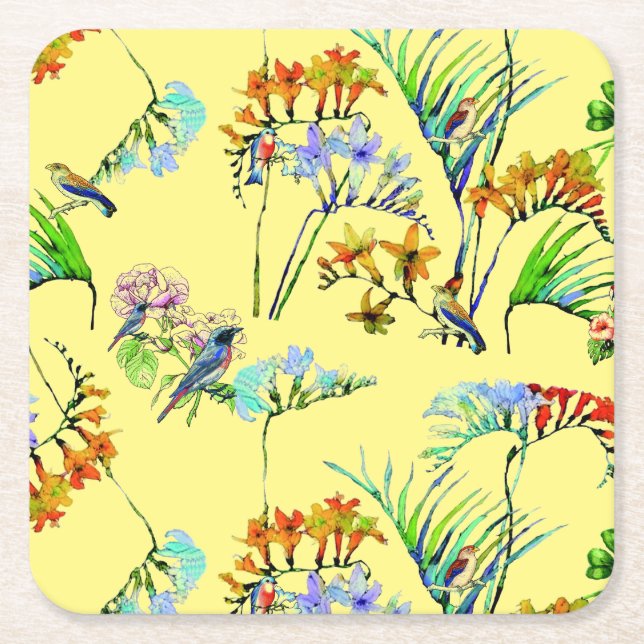 Posavasos Cuadrado De Papel Paraíso tropical amarillo (Anverso)
