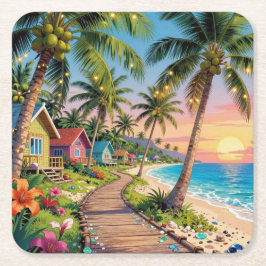 Posavasos Cuadrado De Papel Paraíso Tropical Cabaña Costera junto al Mar Océan