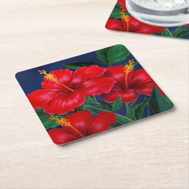 Posavasos Cuadrado De Papel Paraíso Tropical Hibiscus Hawai (En perspectiva)