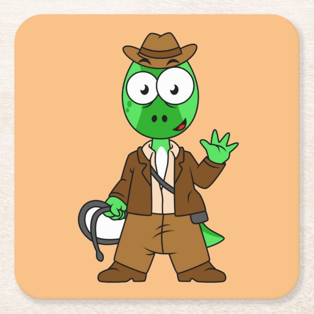 Posavasos Cuadrado De Papel Parasaurolophus Vestido Como Indiana Jones. (Anverso)
