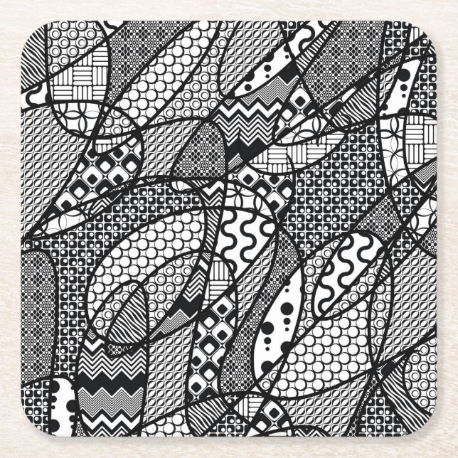 Posavasos Cuadrado De Papel Parche de patchwork de patrón negro y blanco 05 (Anverso)