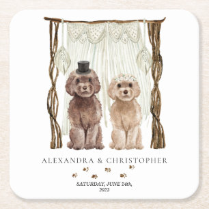 Posavasos Cuadrado De Papel Pareja Bonita Perro Cavapoo Marrón Decoración
