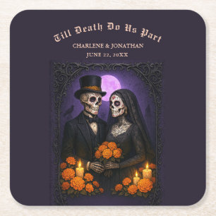 Posavasos Cuadrado De Papel Pareja de Azúcar Calaveras Góticas Boda