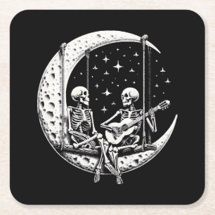 Posavasos Cuadrado De Papel Pareja de esqueletos guitarra lunar