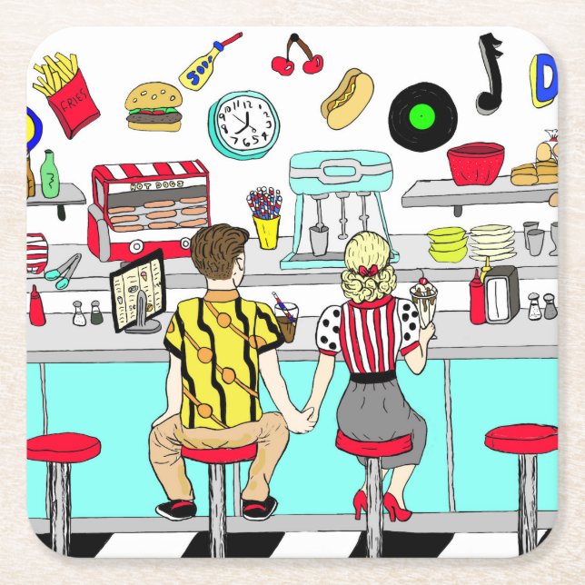 Posavasos Cuadrado De Papel Pareja de los años 1950 sosteniendo manos en la ce (Anverso)