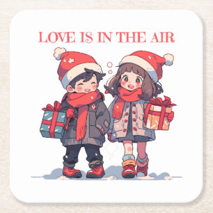 Posavasos Cuadrado De Papel Pareja de Navidad - El amor está en el aire
