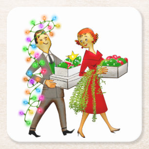 Posavasos Cuadrado De Papel Pareja de Navidad Vintage de los años 50