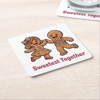Posavasos Cuadrado De Papel Pareja de pan de jengibre adorable más dulce junto