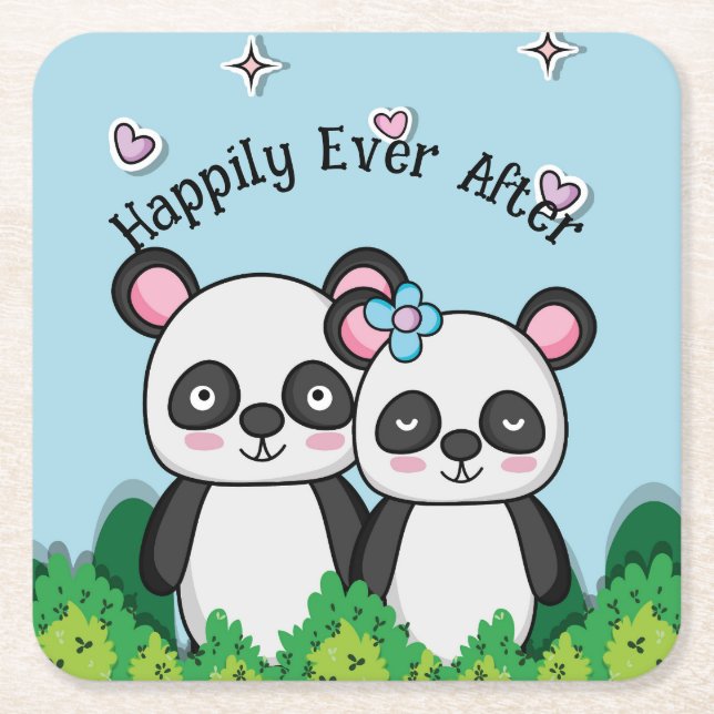 Posavasos Cuadrado De Papel Pareja de pandas (Anverso)