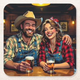 Posavasos Cuadrado De Papel Pareja de vaqueros lindos en un bar de country y w