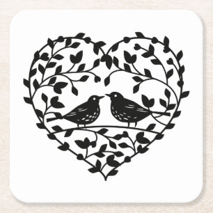 Posavasos Cuadrado De Papel Parejas de pájaros de amor Corazón Floral Blanco N