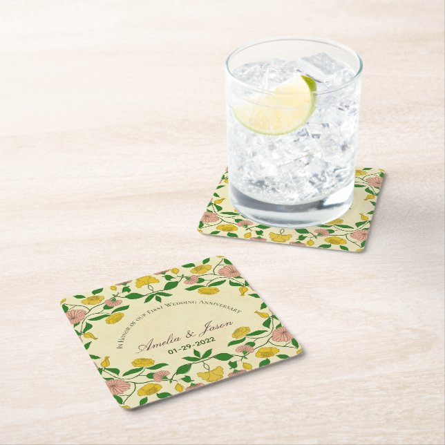 Posavasos Cuadrado De Papel Parejas Personalizadas Primer Aniversario Boda (In situ)