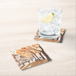 Posavasos Cuadrado De Papel Parque de la Ciudad de Otoño | Aquarela de Follaje