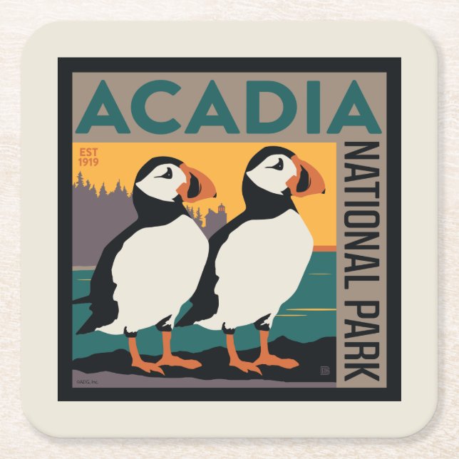 Posavasos Cuadrado De Papel Parque nacional Acadia, Maine | Puffins (Anverso)