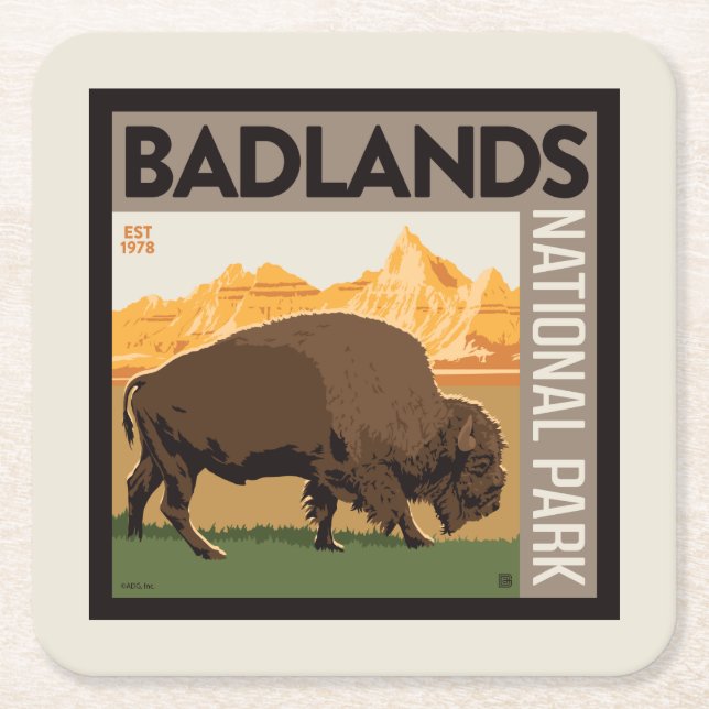 Posavasos Cuadrado De Papel Parque nacional Badlands | Búfalo (Anverso)
