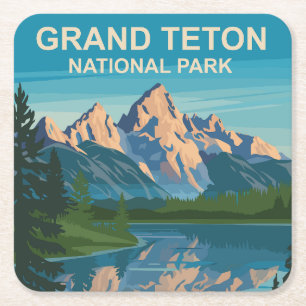 Posavasos Cuadrado De Papel Parque nacional Gran Teton Paisaje Arte de viajes