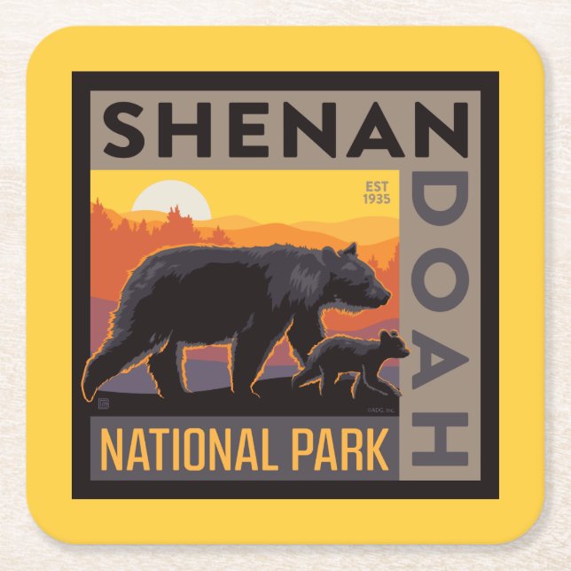 Posavasos Cuadrado De Papel Parque nacional Shenandoah | Mama Bear & Cubs (Anverso)