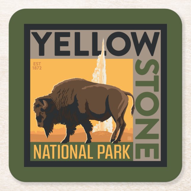 Posavasos Cuadrado De Papel Parque nacional Yellowstone | Búfalo (Anverso)