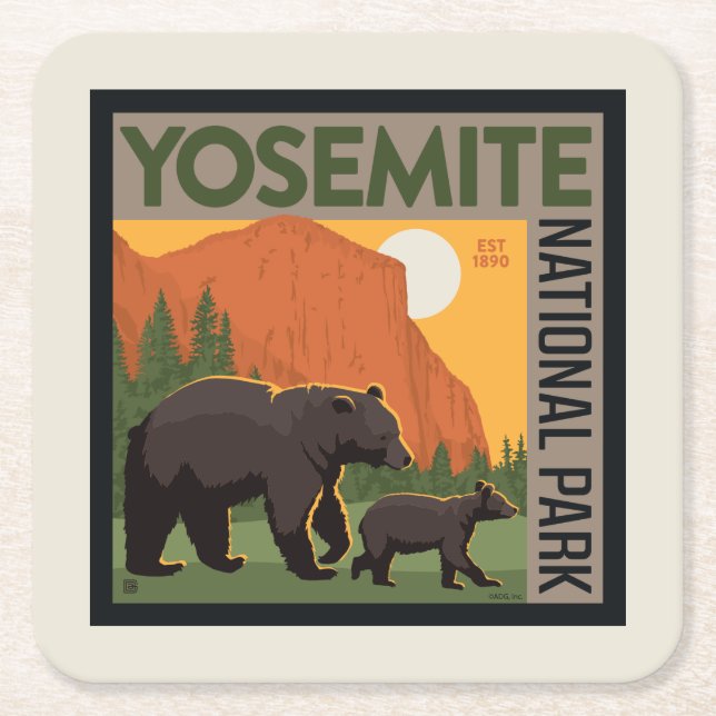 Posavasos Cuadrado De Papel Parque nacional Yosemite | Familia Oso (Anverso)