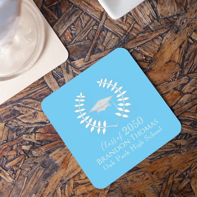 Posavasos Cuadrado De Papel Partido de Graduación Clásica Personalizado Azul C (Carolina blue laurel leaf custom graduation party paper coaster. )