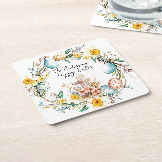 Posavasos Cuadrado De Papel Pascua con cruces y florales (En perspectiva)