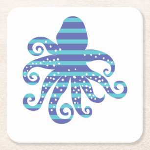 Posavasos Cuadrado De Papel Pascua De Bebida De Octopus De Tiras Azules