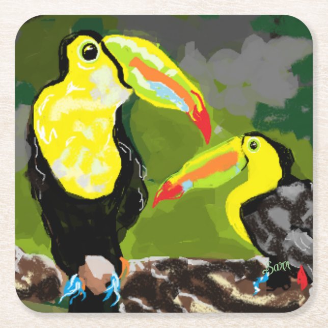 Posavasos Cuadrado De Papel Pascua de papel: Aves del paraíso (Anverso)