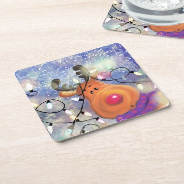 Posavasos Cuadrado De Papel Pascua de papel de navidades con reno feliz (En perspectiva)