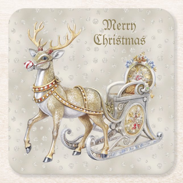 Posavasos Cuadrado De Papel Pascua de papel de vacaciones de Reindeer Sleigh (Anverso)