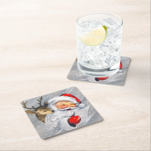 Posavasos Cuadrado De Papel Pascua de reno de Navidad retro vintage