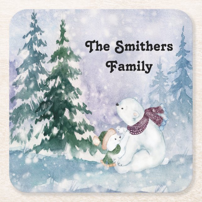Posavasos Cuadrado De Papel Pascua escénica de invierno con árboles y osos (Anverso)