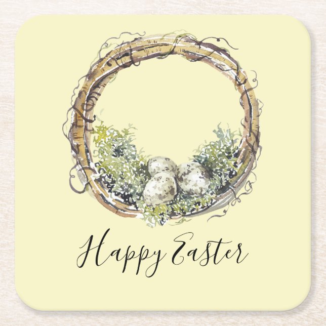 Posavasos Cuadrado De Papel Pascua Rústica de Acuarela y Huevos (Anverso)