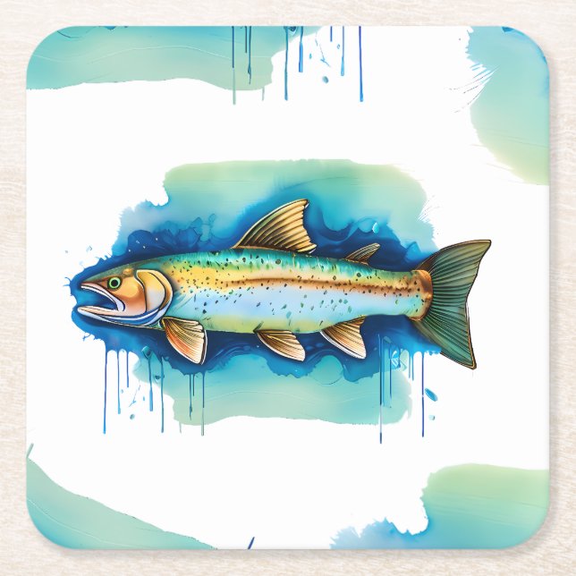 Posavasos Cuadrado De Papel Pascua - Serie acuarela: trucha/salmón (Anverso)