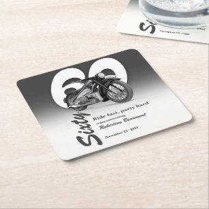 Posavasos Cuadrado De Papel Paseo en motocicleta clásica gris cumpleaños 60